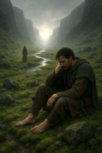 Ein Mann sitzt barfuß im moosigen Tal und hält den Kopf in der Hand. In der Ferne geht eine Frau in ein mystisches Licht. Die weite Landschaft wirkt wie eine Bühne für Trauer, Verlust und Hoffnung auf Erlösung.