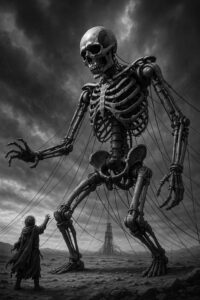 Ein gigantisches, mechanisches Skelett steht von Drähten gehalten in einer öden Landschaft. Ein einzelner Mensch streckt ihm die Hand entgegen. Der Himmel ist dunkel, die Szene wirkt wie ein apokalyptischer Albtraum.