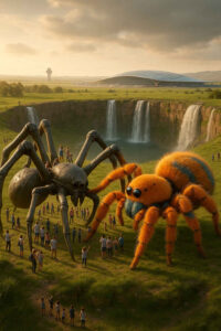 Zwei gigantische Spinnen, eine metallisch, eine flauschig orange, stehen sich auf einer grünen Wiese gegenüber. Um sie herum haben sich winzige Menschen versammelt, die das unheimliche Schauspiel beobachten. Hinter ihnen rauschen Wasserfälle in eine kreisrunde Schlucht, während ein futuristisches Gebäude in der Ferne glänzt.