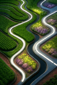 Eine Vogelperspektive zeigt elegant geschwungene Wege zwischen satten grünen und violetten Feldern. Die Linien winden sich wie Schlangen durch die Landschaft und wirken fast wie leuchtende Bänder. Die Komposition vermittelt Ruhe, Harmonie und organische Bewegung.