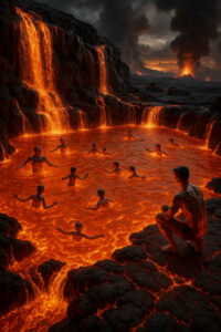 Menschen baden scheinbar ungerührt in einem See aus glühender Lava, während Wasserfälle aus Feuer in den Krater stürzen. Der Himmel ist voller Rauch und entfernte Vulkane spucken Lava. Die Szene wirkt wie eine Vision aus einer anderen Welt, in der Schmerz und Ekstase verschmelzen.
