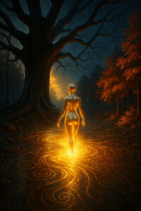 Eine glühende, weibliche Gestalt schreitet nackt auf leuchtenden, goldenen Spiralen durch einen nächtlichen Wald. Das warme Licht erhellt die Bäume und lässt die roten Blätter in einem magischen Glanz leuchten. Die Stimmung ist friedlich und geheimnisvoll zugleich.