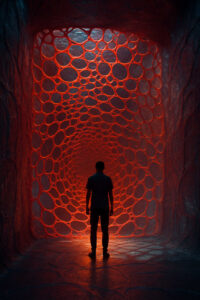 Ein Mann steht vor einer Wand aus leuchtend roten, organisch wirkenden Kreisen, die in die Tiefe führen. Die Szene wirkt wie der Eingang in eine andere Dimension. Das Licht taucht den Raum in ein geheimnisvolles, warmes Leuchten.