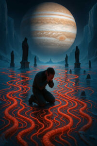 Ein Mann kniet verzweifelt auf einem schwarzen, von roten Lavaadern durchzogenen Boden, während der Jupiter gigantisch über ihm schwebt. Um ihn herum stehen reglose Statuen, die wie uralte Richter wirken. Die Szene strahlt Verzweiflung und kosmische Tragödie aus.