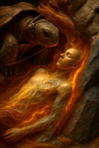 Eine große Schildkröte beugt sich über einen schlafenden jungen Mann. Feurige Adern überziehen den Körper des Schlafenden, als würde er neu geformt. Die Szene ist friedlich und geheimnisvoll zugleich.