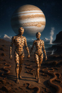 Zwei humanoide Figuren mit holzartigen Körpern voller Augen gehen Hand in Hand durch eine karge, außerirdische Landschaft. Hinter ihnen erhebt sich der riesige Jupiter am Nachthimmel, während schlangenartige Wesen den Boden bedecken. Die Szene wirkt wie eine Mischung aus Ritual und kosmischer Wache.