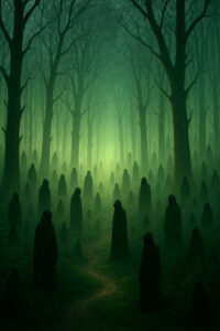 Ein dichter Wald, getränkt in grünes Licht, ist von zahllosen dunkel verhüllten Gestalten bevölkert. Sie stehen reglos zwischen den Bäumen, als ob sie auf etwas warten. Der schmale Pfad wirkt wie eine Einladung – oder eine Warnung – für den, der ihn betritt.