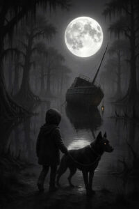 Ein Kind steht mit einem Hund am Ufer eines düsteren Sumpfes, beide blicken auf ein halb versunkenes Boot. Der Mond leuchtet hell über der Szenerie und taucht den Nebel in silbriges Licht. Die Augen des Hundes glühen, als wäre er ein mystischer Begleiter.