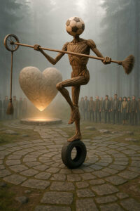 In einem nebligen Wald steht eine bizarre Holzfigur mit Fußballkopf, die auf einem Reifen balanciert und eine lange Stange hält. Dahinter leuchtet ein riesiges steinernes Herz, umringt von einer Gruppe schweigender Menschen. Die Komposition wirkt rituell und rätselhaft.