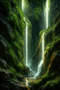 Futuristische, transparente Gebäude liegen verstreut an einem von Moos bedeckten Hang. Ein weißer, gezackter Pfad führt durch die Landschaft und reflektiert das weiche Sonnenlicht. Die Komposition wirkt wie eine friedliche Vision von Architektur im Einklang mit der Natur.