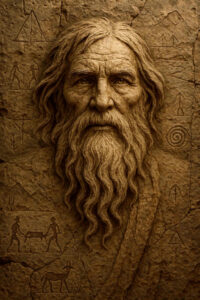 Ein uralter Mann mit langem Bart ist wie aus der Felswand selbst gemeißelt. Um ihn herum sind primitive Gravuren von Tieren und Symbolen eingeritzt, die an prähistorische Höhlenmalerei erinnern.