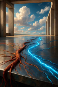 Auf einem glatten Boden breiten sich organische rote Wurzeln und leuchtende blaue Adern nebeneinander aus. Im Hintergrund öffnen sich Säulen zu einem weiten Himmel voller Wolken. Die Szene wirkt wie eine Verbindung von Natur und Energie.
