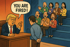 Eine Comic-Zeichung: Donald Trump sitzt in einem Studio hinter einem Schreibtisch in einem Sessel und sagt zu einer Person, die in demütiger Haltung vor ihm steht: „You are fired!“. An der Seite befindet sich eine Tribüne, auf der ein Publikum sitzt und vergnüglich lacht und applaudiert.