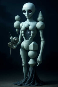 Eine humanoide Gestalt aus geometrischen Formen steht in einer dunklen, leeren Umgebung. Ihr Brustkorb zeigt ein transparentes Fenster mit einem funkelnden, kosmischen Inneren. In der Hand hält sie eine Schnecke, deren Haus metallisch wirkt und ein Messer gleicht. Die Figur erscheint wie eine Mischung aus Statue, Maschine und außerirdischem Wesen mit geheimnisvoller Bedeutung.