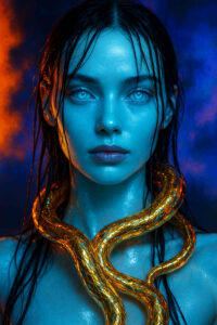 Eine blau leuchtende Frau mit nassen Haaren blickt direkt in die Kamera. Um ihren Hals windet sich eine goldene, schimmernde Schlange, deren Glanz im Kontrast zur kühlen Haut steht. Hinter ihr glühen orangefarbene und blaue Nebelschwaden. Die Szene wirkt gleichzeitig futuristisch und mythisch, als würde sie aus zwei Welten stammen.