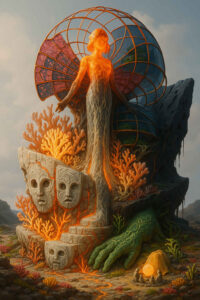 Eine Figur aus gläsern leuchtender Lava erhebt sich aus einem steinernen Sockel voller maskenhafter Gesichter. Hinter ihr wölben sich farbige, fächerartige Flügel, die wie Fenster in andere Welten wirken. Korallenartige Strukturen lodern in warmen Tönen zwischen den Rissen des Gesteins. Am Boden ruhen eine grüne Hand und kleine Gestalten, die eine leuchtende Kugel anbeten. Die Szene wirkt wie ein uraltes Ritual des Erwachens.