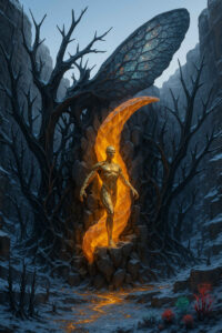 Eine goldene humanoide Figur steigt aus einem spiralförmig leuchtenden Bernsteinwirbel hervor. Schwarze, kahle Bäume ragen wie Klingen aus den Felswänden zu beiden Seiten. Hinter dem Wesen entfaltet sich eine große, schimmernde Struktur wie ein geflügeltes Insektenschild. Der orangeglühende Energiefluss setzt sich über den Boden fort. Die Atmosphäre ist kühl, feierlich und von unheimlicher Schönheit.