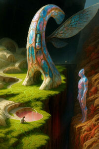 Eine enorme, halbtransparente Kreatur aus schillernden Paneelen erhebt sich am Rand einer tiefen Schlucht. Neben ihr steht eine humanoide Lichtgestalt, die in Farben und Adern zu glühen scheint. Ein kleiner Mensch sitzt am Rand eines rosafarbenen Bassins, das von organischen Pfaden durchzogen ist. Die Szene erinnert an ein leises, transdimensionales Treffen voller Staunen und Ruhe.