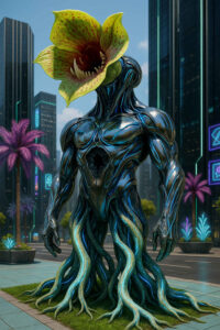 Ein humanoides Wesen mit muskulösem, pflanzenähnlichem Körper steht zwischen futuristischen Gebäuden. Sein Kopf besteht aus einer riesigen, blühenden Raubpflanze mit geöffnetem Schlund und Zähnen. Leuchtende Adern ziehen sich durch den Stammkörper und gehen in wurzelartige Beine über. Die Szene spielt in einer neonfarbenen Metropole voller künstlicher Palmen und schimmernder Lichter.