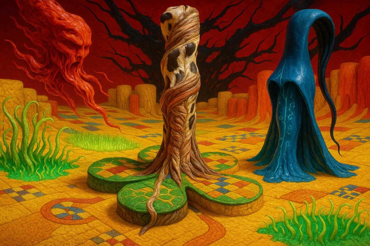 Drei bizarre, organisch anmutende Gestalten stehen in einer bunten, patchworkartigen Landschaft aus Mustern und geometrischen Feldern. Im Hintergrund recken sich schwarze, wurzelartige Schattenäste in den roten Himmel. Leuchtendes Grün und kräftige Farbtöne kontrastieren die dunklen Formen. Die Szene wirkt wie ein lebendiges Brettspiel aus einer anderen Welt.