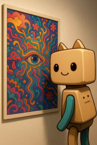 Ein freundlicher, kubischer Cartoon-Roboter betrachtet ein buntes, psychedelisches Bild. Das Wandbild besteht aus farbintensiven, geschwungenen Formen, Blumen und einem zentralen Auge. Die Szene wirkt warm und humorvoll, als würde der Roboter neugierig Kunst entdecken. Das Zimmer ist schlicht, wodurch das farbige Bild besonders hervorsticht.