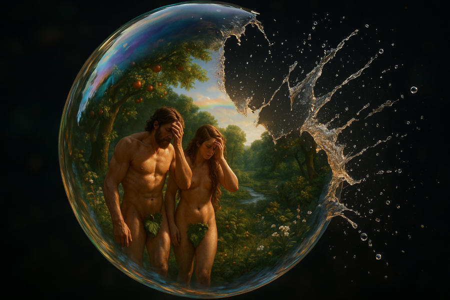Eine große Blase zerplatzt. In ihr befinden sich das biblische Paradies mit Adam und Eva, die es jetzt verlassen müssen.