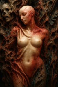 Eine weibliche Figur ist in eine organische, fleischartige Wand eingebettet, deren Strukturen an Knochen und pulsierende Membranen erinnern. Ihr Gesicht wirkt friedlich und entrückt, fast so, als schlafe sie. Um sie herum wuchert das rot-schwarze Gewebe, das sich wie eine lebendige Masse ausdehnt. Die Atmosphäre ist zugleich verletzlich, surreal und düster-intim.