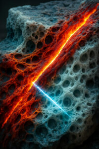 Ein poröser Felsen wird von einer glühenden Spalte aus Lava durchzogen, die in leuchtendem Rot-Orange strahlt. Ein blauweißer Energiestrahl kreuzt die brennende Linie wie eine kühle Schneise. Die spröde Oberfläche erinnert an versteinerten Schaum. Das Bild wirkt wie ein Aufeinandertreffen zweier elementarer Kräfte im Innersten der Erde.