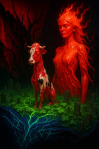 Eine humanoide Figur aus feuerähnlicher Substanz steht neben einer rot leuchtenden Kuh. Beide erscheinen inmitten eines Friedhofs mit Kleeblättern und alten Grabsteinen. Unter ihnen verzweigen sich helle, wurzelartige Energieadern in Blau und Grün. Die Szene wirkt düster, mythisch und voller symbolischer Spannung.