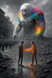 Zwei menschengestaltige Wesen aus glühender Lava berühren sich mitten in einer zerstörten Stadtlandschaft. Hinter ihnen erhebt sich ein riesiger Kreatur mit vogelähnlichem Gesicht und farbenprächtigen, regenbogenfarbigen Federn. Eine graue Menschenmenge steht starr im Hintergrund, als würde sie dem Ereignis schweigend beiwohnen. Die Atmosphäre ist düster, apokalyptisch und elektrisierend zugleich.