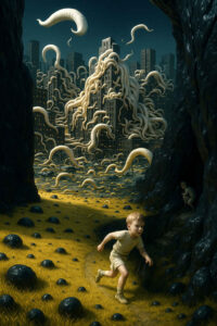 Ein kleines Kind rennt durch eine gelbe, hügelige Landschaft, während aus einer fernen Stadt gigantische, wurmartige Wesen hervorquellen. Die finsteren Felsen links und rechts bilden einen natürlichen Rahmen, in dem ein zweites Kind Schutz sucht. Die Stadt selbst scheint von der wuchernden Masse überwältigt zu werden, deren Bewegungen unnatürlich lebendig wirken. Die Szene verbindet Unschuld und kosmischen Schrecken zu einer eindringlichen Vision.