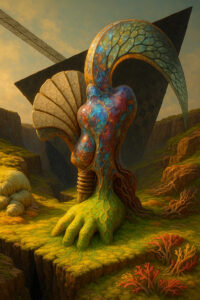 Eine monumentale Skulptur aus Wurzelholz, farbigem Stein und muschelartigen Formen erhebt sich auf einem moosigen Plateau. Der große, krallenartige Fuß scheint aus dem Fels zu wachsen, während sich die Struktur nach oben in organische Fächerformen verzweigt. Im Hintergrund ragt eine gigantische, dunkle Konstruktion in den Himmel. Der Boden selbst wirkt wie ein lebendiger Teppich aus roten und gelben Korallenpflanzen.