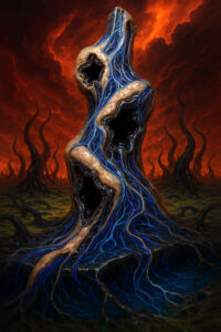 Eine organische, menschlich anmutende Gestalt erhebt sich aus einem Meer von Wurzeln und pulsierenden Adern. Glühend blaue Linien durchziehen den Körper wie lebendige Energiekanäle. Ausgehöhlte Öffnungen klaffen in seiner Oberfläche und geben schwarzen Abgründen Raum. Hinter ihr ziehen sich verzogene Schattenbäume in einem dramatisch rot erleuchteten Himmel hoch.