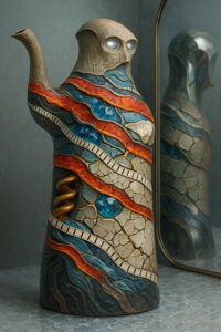 Eine kunstvoll modellierte, anthropomorphe Keramikform steht vor einem Spiegel, dessen Reflexion ihre Muster verdoppelt. Farbschichten aus Blau, Rot und Gold scheinen wie geologische Schichten über ihre Oberfläche zu fließen. Eingelassene Strukturen erinnern an Technik und Fossilien zugleich. Die Figur wirkt wie ein Relikt aus einer Kultur jenseits menschlicher Vorstellung.