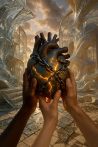 Ein großes, organisches Herz wird von mehreren Händen gehalten, umschlungen von schweren Eisenketten. Goldene Risse breiten sich wie glühende Adern über die Oberfläche aus. Im Hintergrund erhebt sich eine surreal-architektonische Landschaft aus geschwungenen Glas- und Steinstrukturen. Der Himmel wirkt warm und dramatisch und verleiht dem Herz eine fast heilige Präsenz.