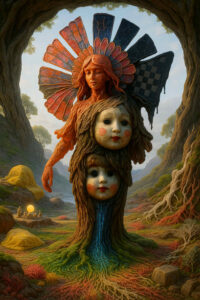 Eine Figur mit fächerartigen Flügeln trägt in ihrem Körper drei Gesichter – eines wach, eines maskenhaft, eines kindlich. Ihr Unterkörper verwandelt sich in Wurzeln, aus denen ein leuchtender Wasserstrom entspringt. Die Landschaft ist weich modelliert wie Moos und leuchtet in sanften Naturfarben. Kleine Wesen sitzen um eine helle Kugel und beobachten die Gestalt. Die Atmosphäre wirkt gleichzeitig sanft und unheimlich symbolisch.