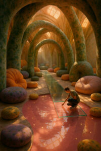 Ein Mann kniet in einer organisch gestalteten Halle mit dicken, weichen Säulen. Er berührt ein rosa Wasserbecken, das von einem Glassteg überspannt wird. Runde, kissenartige Formen liegen überall auf dem Boden. Warm goldenes Licht fällt durch die Fenster und schafft eine Traumwelt.