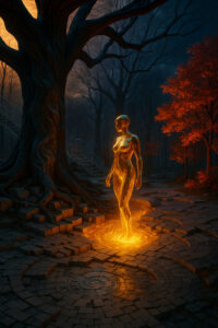 In einer stillen Waldlichtung steigt eine leuchtende, goldene Gestalt aus einem flüssigen Feuer empor. Der alte Baum neben ihr wirft schwere Schatten, während die Herbstblätter in intensiven Farbtönen glühen. Die Szene wirkt wie ein alchemistisches Ritual, bei dem Materie und Geist ineinanderfließen. Ihre warme Lichtspur erhellt die brüchigen Steine und zeichnet einen Kreis aus Energie in den nächtlichen Wald.
