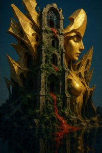 Ein alter Turm verschmilzt mit einer gigantischen goldenen Frauenfigur, deren Gesicht in stillem Frieden ruht. Aus den oberen Fenstern strömt eine blutrote Flüssigkeit herab und schlängelt sich durch das überwucherte Mauerwerk. Die Umgebung spiegelt sich dunkel im Wasser darunter. Das Bauwerk wirkt wie ein Tempel einer verlorenen, mystischen Kultur.
