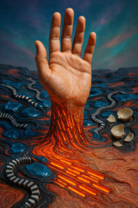 Eine riesige menschliche Hand erhebt sich aus einer Landschaft aus fließenden, glühenden Strukturen. Rote Linien scheinen wie Lava aus ihrem Unterarm zu leuchten, während gebrochene Eierschalen neben ihr liegen. Schwarz-weiße, würmchenartige Wege winden sich durch blau schimmernde Flächen. Die Szene wirkt wie der Ursprung einer neuen, seltsam organischen Welt.