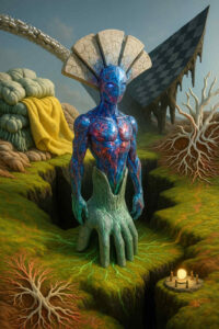 Eine blau-rote humanoide Gestalt wächst aus einer gigantischen steinernen Hand, die aus einem tiefen Erdspalt hervorkommt. Hinter der Figur breitet sich ein fächerartiges Gebilde aus steinernen Platten aus. Die Landschaft ist von Rissen, Wurzeln und unnatürlichen Formen durchzogen. Kleine Wesen versammeln sich um eine leuchtende Kugel, als würden sie ein Ritual abhalten.