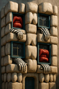 Eine bizarre Hausfassade besteht aus knollenartigen Steinen und mehreren Fenstern. In den Fenstern erscheinen übergroße rote Lippen sowie gestreifte Arme, die herausgreifen. Die Mischung aus Architektur und Körperformen erzeugt einen surrealen Eindruck. Warm einfallendes Licht betont die Texturen und verstärkt die unwirkliche Atmosphäre.