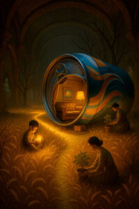 Eine überdimensionale Getränkedose liegt wie ein kleines Wohnhaus in einem Feld, im Inneren erstrahlt ein gemütlicher, warm beleuchteter Raum. Kinder und Erwachsene hocken im Weizen und halten kleine Lichtquellen oder Pflanzen. Die Umgebung wirkt wie ein Traum zwischen Natur und verlorenen Dingen. Die Atmosphäre vermittelt Geborgenheit und sanfte Magie.