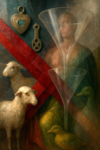 Ein surrealer Figurenreigen aus Schafen, Enten, Glasformen und einer schemenhaften Frau verschmilzt in einem vielschichtigen Gemälde. Warme und kühle Farbzonen treffen sich in geometrischen Bahnen. Messingartige Amulette schweben wie Relikte über der Szene. Alles wirkt wie ein verschlüsseltes Gleichnis über Opfergabe, Erinnerung und Zerbrechlichkeit.