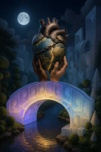 Zwei Hände halten ein gewaltiges Herz, das der Form einer Erde gleicht und von goldenen Rissen durchzogen ist. Eine halbtransparente Brücke aus Köpfen spannt sich über einen Fluss und leuchtet in zarten Farbverläufen. Im Hintergrund stehen geometrische Gebäudestrukturen im blauen Mondlicht. Umgeben von Topiarien wirkt die Szenerie wie ein Traum zwischen Biologie und Architektur. Das Herz scheint die gesamte Landschaft zu erhellen.