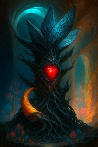 Aus einem dunklen, baumartigen Gebilde glimmt ein leuchtend rotes Herz, eingeschlossen von schwarzen Ästen. Ein orangefarbenes, schuppenartiges Horn windet sich um den Stamm. Im Hintergrund leuchten Kathedralen aus Fels in Blau und Kupfer. Am Boden wachsen farbige, beinahe phosphoreszierende Sträucher. Die ganze Szenerie wirkt wie ein geheimer, mythischer Lebensquell im Untergrund.