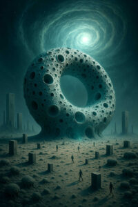 Alttext: In einer weiten Landschaft erheben sich unzählige rechteckige Säulen aus sandigem Boden, während in der Mitte ein gigantischer, ringförmiger Körper voller Löcher thront. Menschenähnliche Gestalten wandern zwischen den Strukturen und werfen lange Schatten. Über ihnen dreht sich ein wirbelnder, hell leuchtender Himmel, der wie ein kosmischer Strudel wirkt. Die Unendlichkeit scheint in dieser Szenerie greifbar.