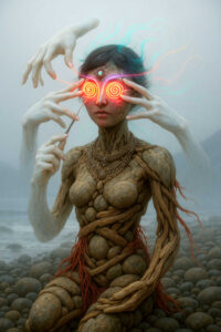 Eine steinartige Frauengestalt sitzt auf einem Strand aus runden Felsbrocken. Aus ihren Augen strahlen spiralförmige, neonfarbene Lichtlinien, die von unsichtbaren Händen manipuliert werden. Ihr Körper besteht aus verschlungenen Wurzel- und Steinstrukturen. Hinter ihr zieht Nebel durch eine karge Landschaft. Die Szene wirkt wie ein Ritual der Bewusstseinsöffnung in einer surrealen Welt.