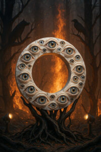 Ein großer, steinartiger Ring voller blauer Augen steht in einem brennenden Wald. Glühende Funken fliegen durch die Luft, während schwarze Tiere in den Bäumen siluettenhaft zu sehen sind. Der Ring ruht auf knorrigen Wurzeln, die sich wie Finger in den Boden graben. Zwei Scheinwerfer beleuchten die Szene und verstärken den unheimlichen, rituellen Charakter.