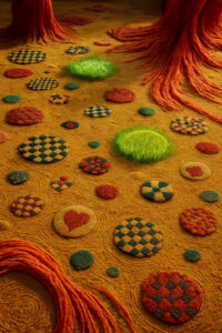 Auf einem goldenen, sandigen Boden liegen viele runde Musterflächen, die wie gestickte Teppiche wirken. Einige zeigen Schachmuster, andere Herzen oder abstrakte Ornamente. Dazwischen wächst eine Insel aus grünen Halmen und ragen die roten Wurzeln großer Bäume. Das Gesamtbild gleicht einem Teppichgarten voller Symbolinseln.